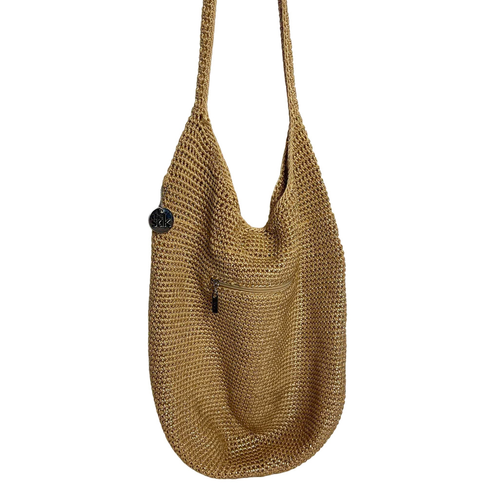 The Sak Crochet Large Hobo Handbag Gold Light Brown Classic 120 Barrel Bag Purse